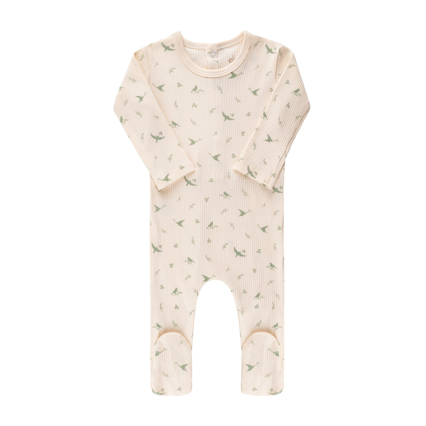 Ely's & Co. Birds Ribbed Cotton Cream/Sage Footie with Beanie