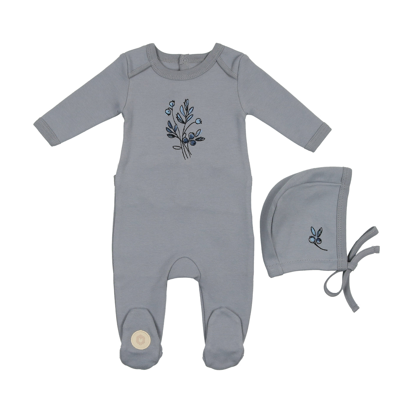 Mon Tresor Flower Sketch Soft Blue Cotton Footie with Bonnet + Removable Pacifier Clip