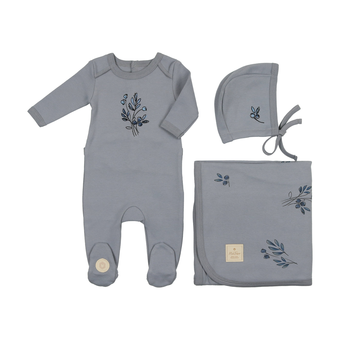 Mon Tresor Flower Sketch Soft Blue Cotton Three Piece Set + Removable Pacifier Clip