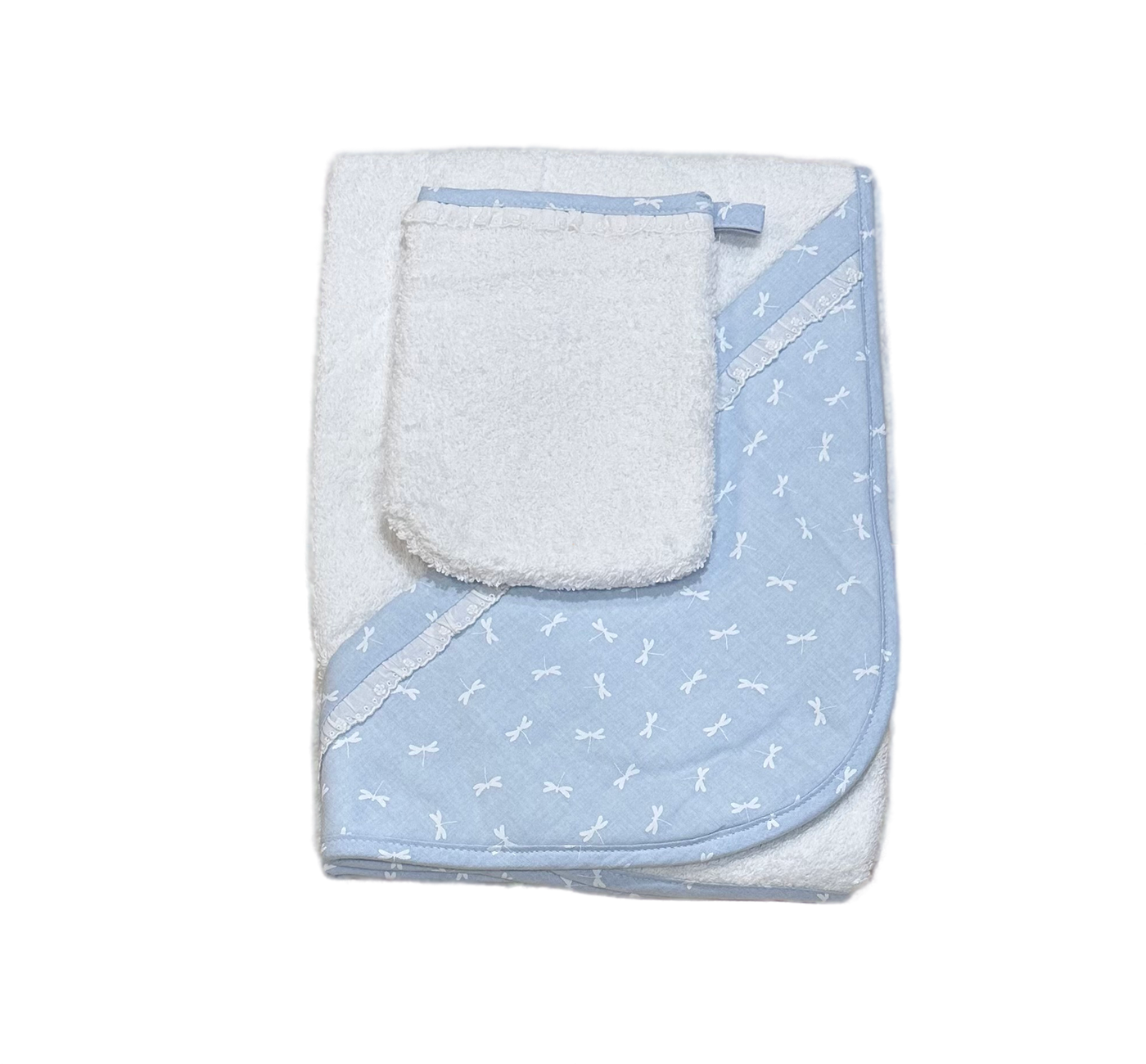 Perle Blue Hooded White Bath Towel and Washcloth Set - Dragonfly Collection