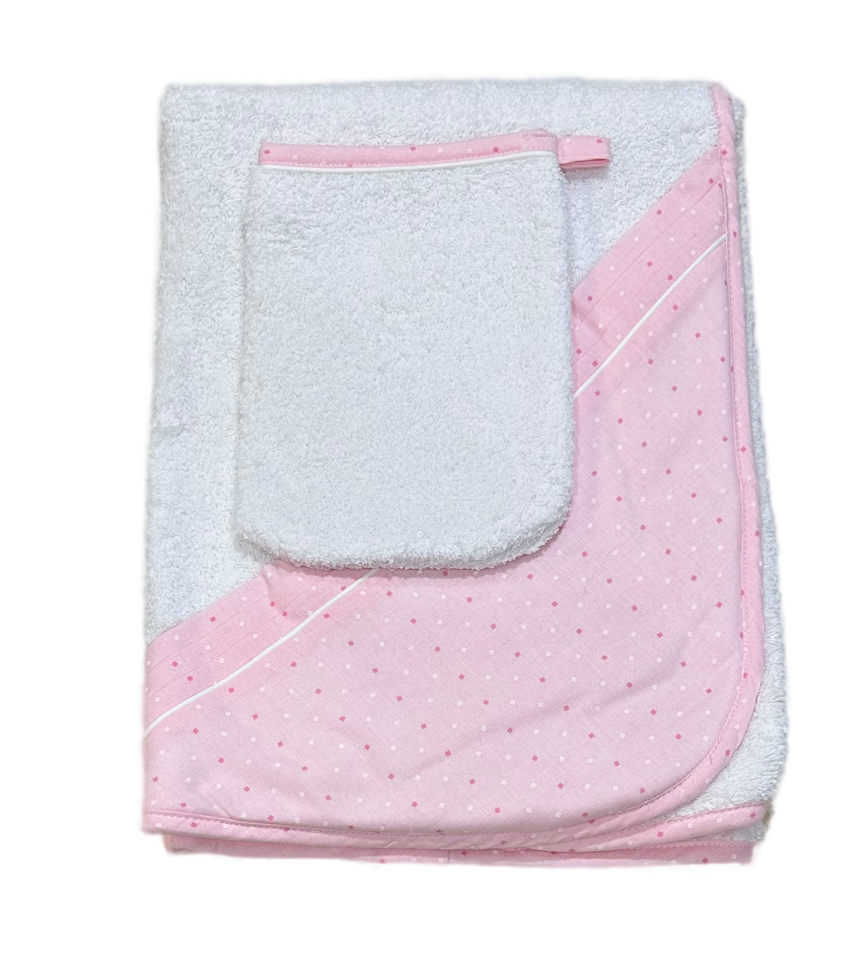 Perle Pink Hooded White Bath Towel and Washcloth Set - Dot Collection