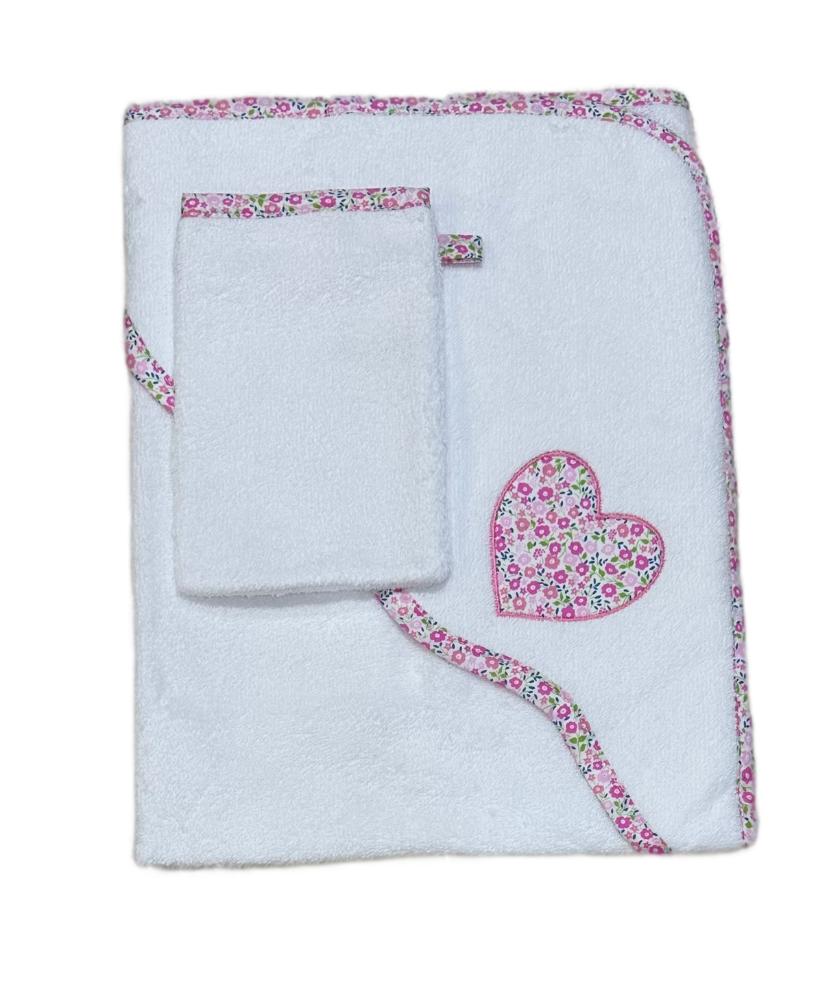 Perle Pink Floral Hooded White Bath Towel and Washcloth Set - Heart Collection