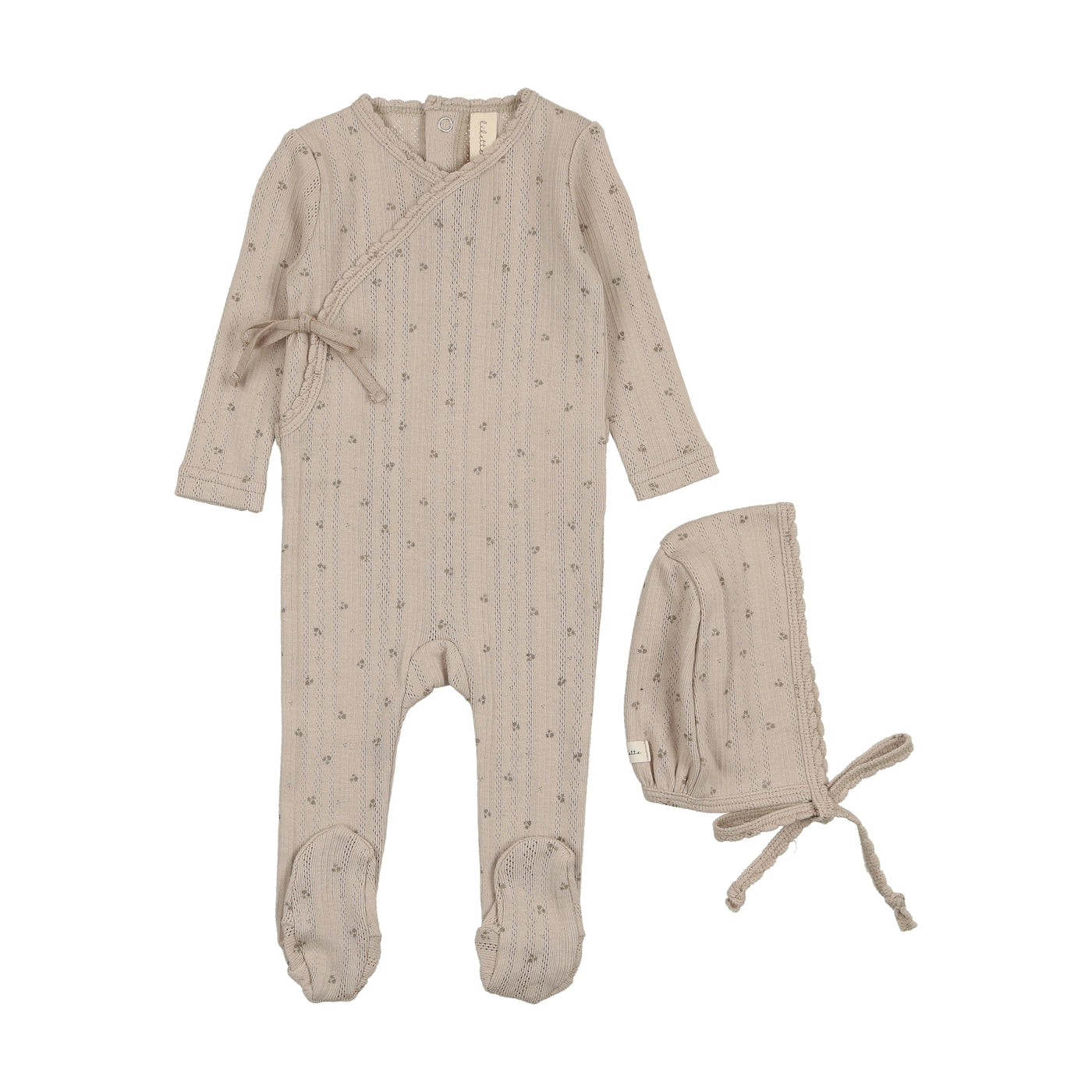 Lilette Printed Pointelle Wrap Taupe Footie with Bonnet