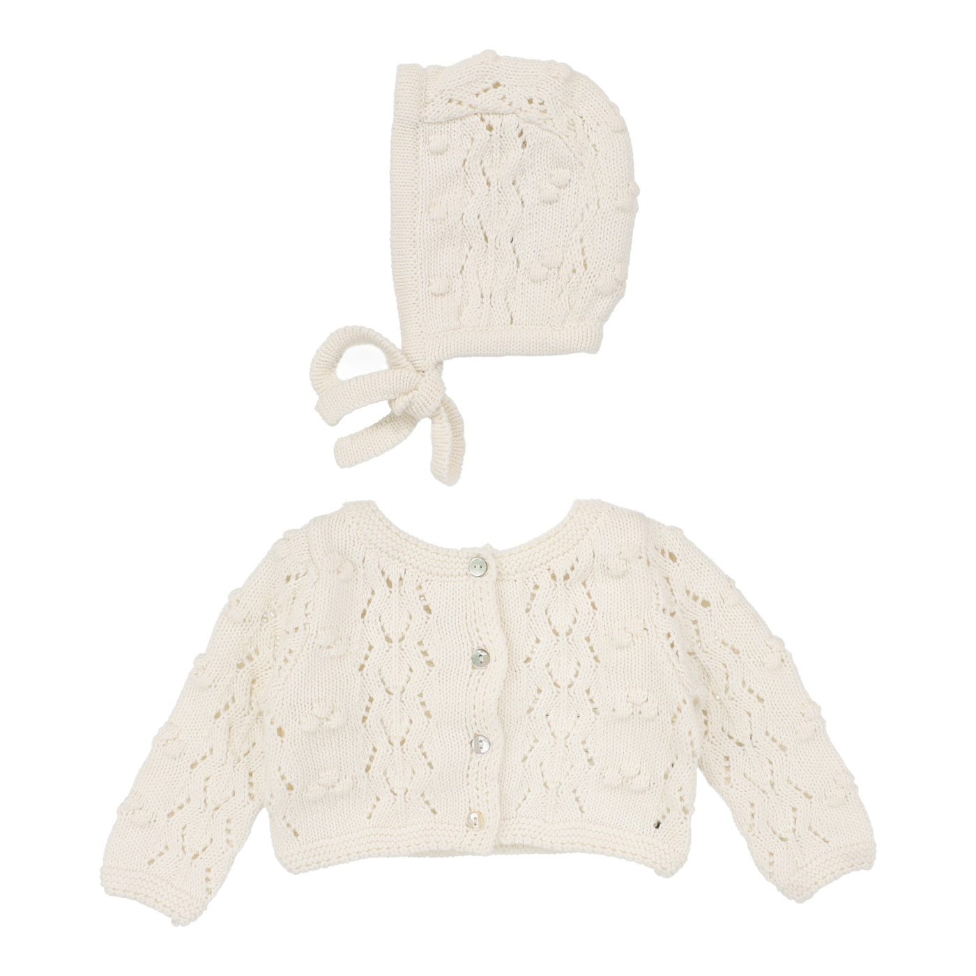 Lilette Popcorn Weave Cream Knit Cardigan with Bonnet