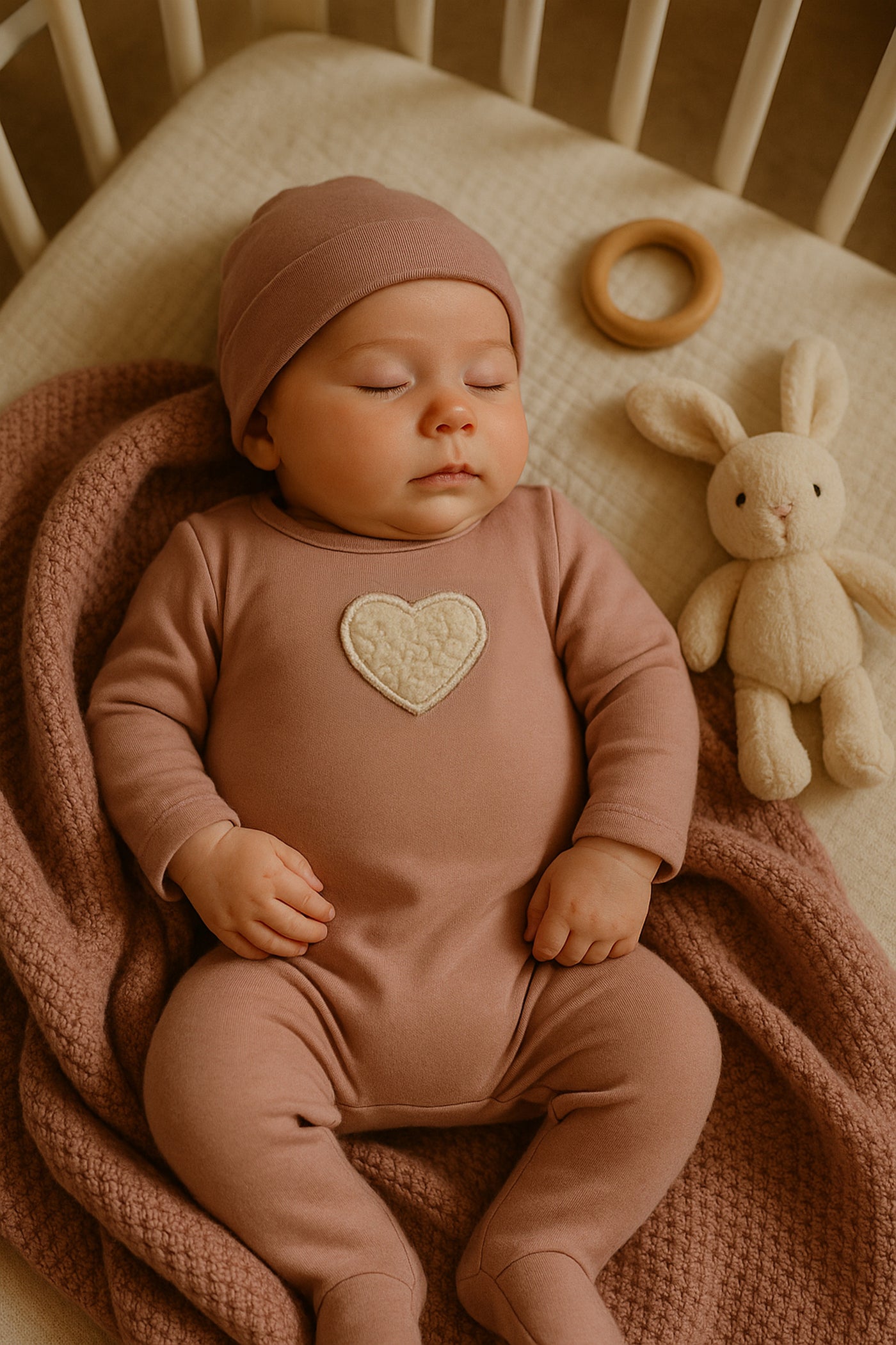 Maniere Sherpa Heart Cotton Berry Footie with Beanie