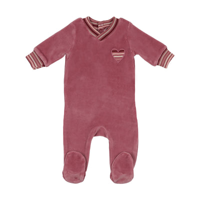 Mon Trresor Striped Heart Dark Rose Velour Footie