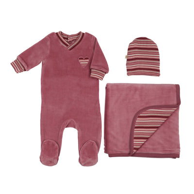 Mon Trresor Striped Heart Dark Rose Velour Three Piece Set