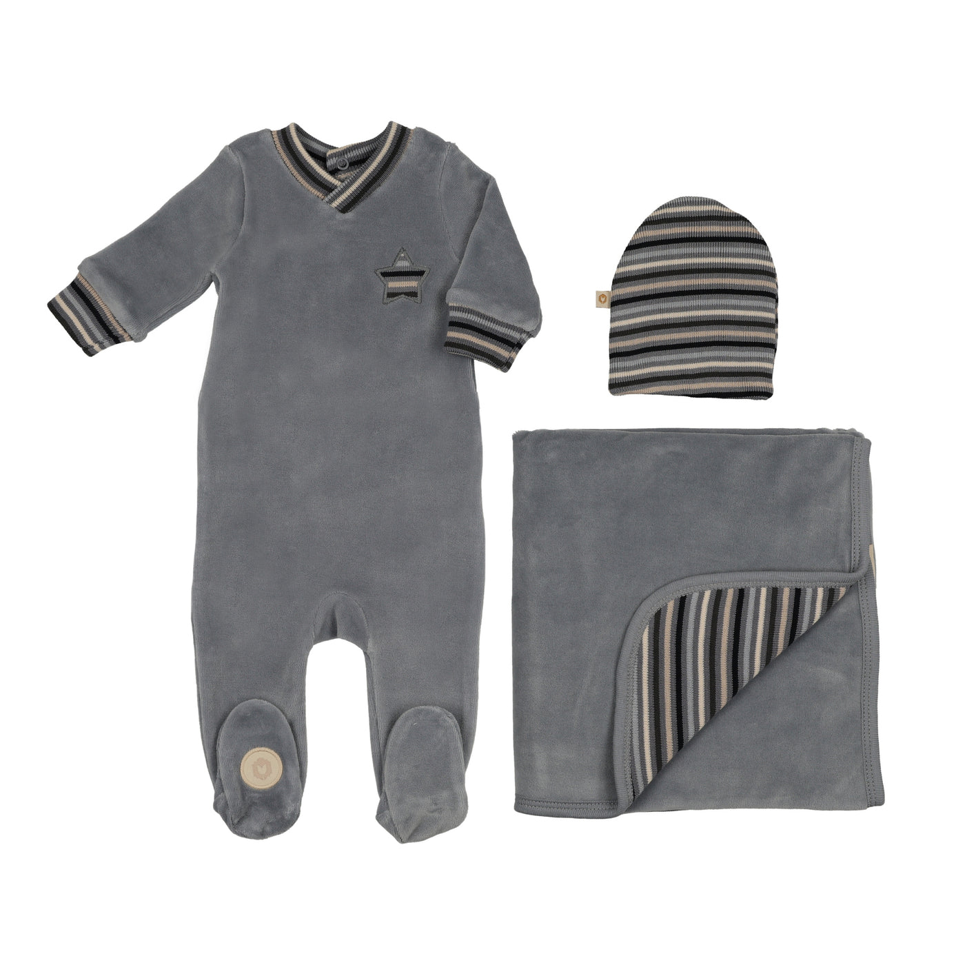 Mon Trresor Striped Heart Ocean Blue Velour Three Piece Set