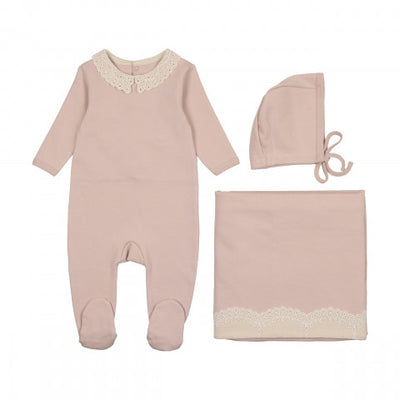 Mon Tresor Tiny Eyelet Smoke Rose Velour Three Piece Set