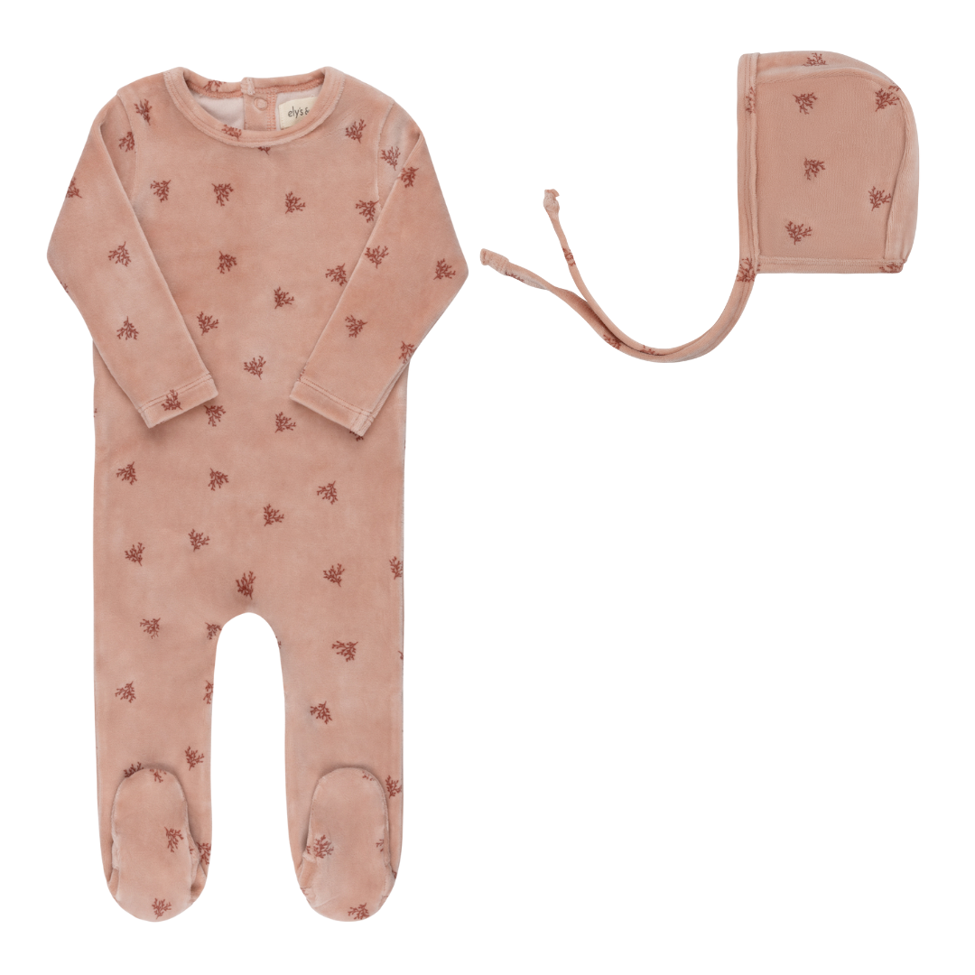 Ely's & Co. Velour Leaf Pattern Collection Pink Footie with Bonnet