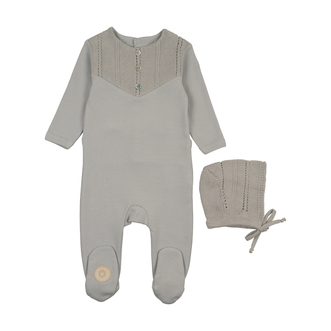 Mon Tresor V-Knit Henley Blue Haze Cotton Footie with Bonnet