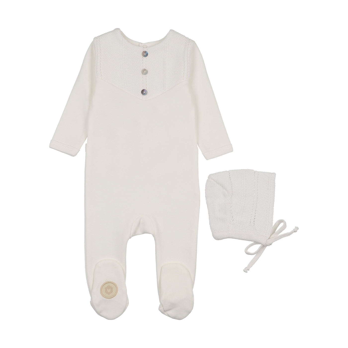 Mon Tresor V-Knit Ivory Cotton Footie with Bonnet