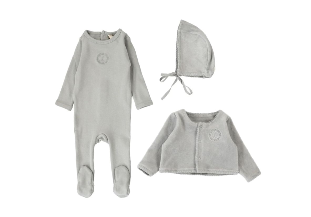 Lilette Velour Cardi Dusty Blue Cotton Rib Footie with Velour Bonnet