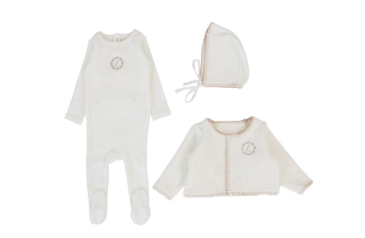 Lilette Velour Cardi Cream/Pink Cotton Rib Footie with Velour Bonnet