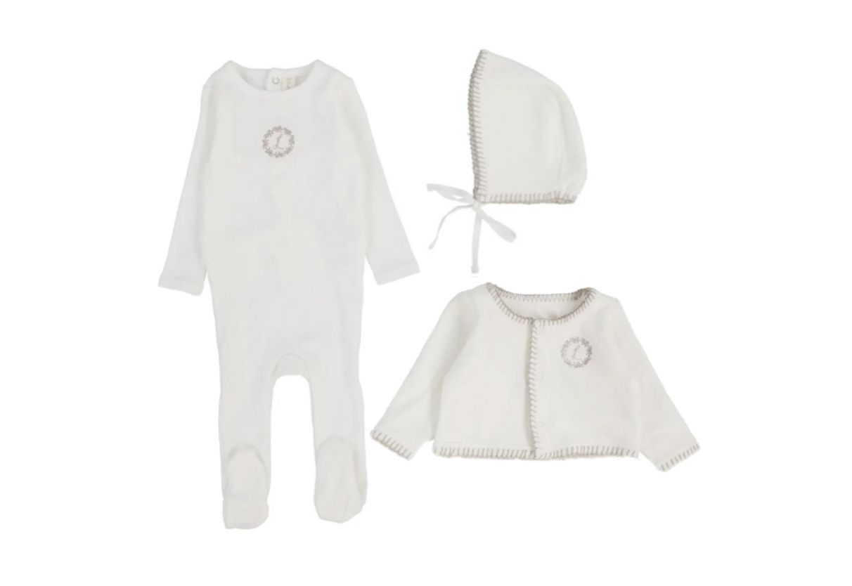 Lilette Velour Cardi Cream/Oat Cotton Rib Footie with Velour Bonnet