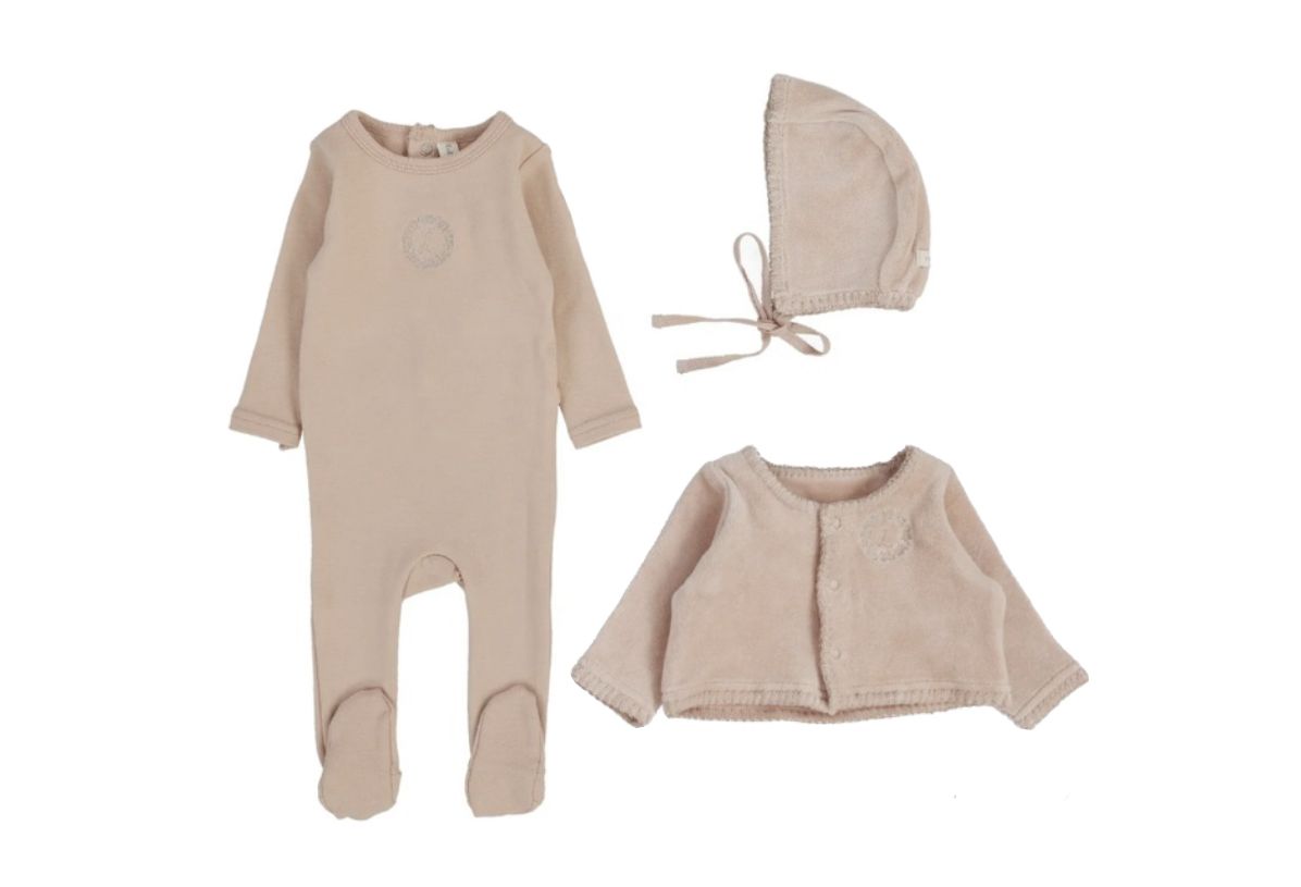 Lilette Velour Cardi Dusty Pink Cotton Rib Footie with Velour Bonnet