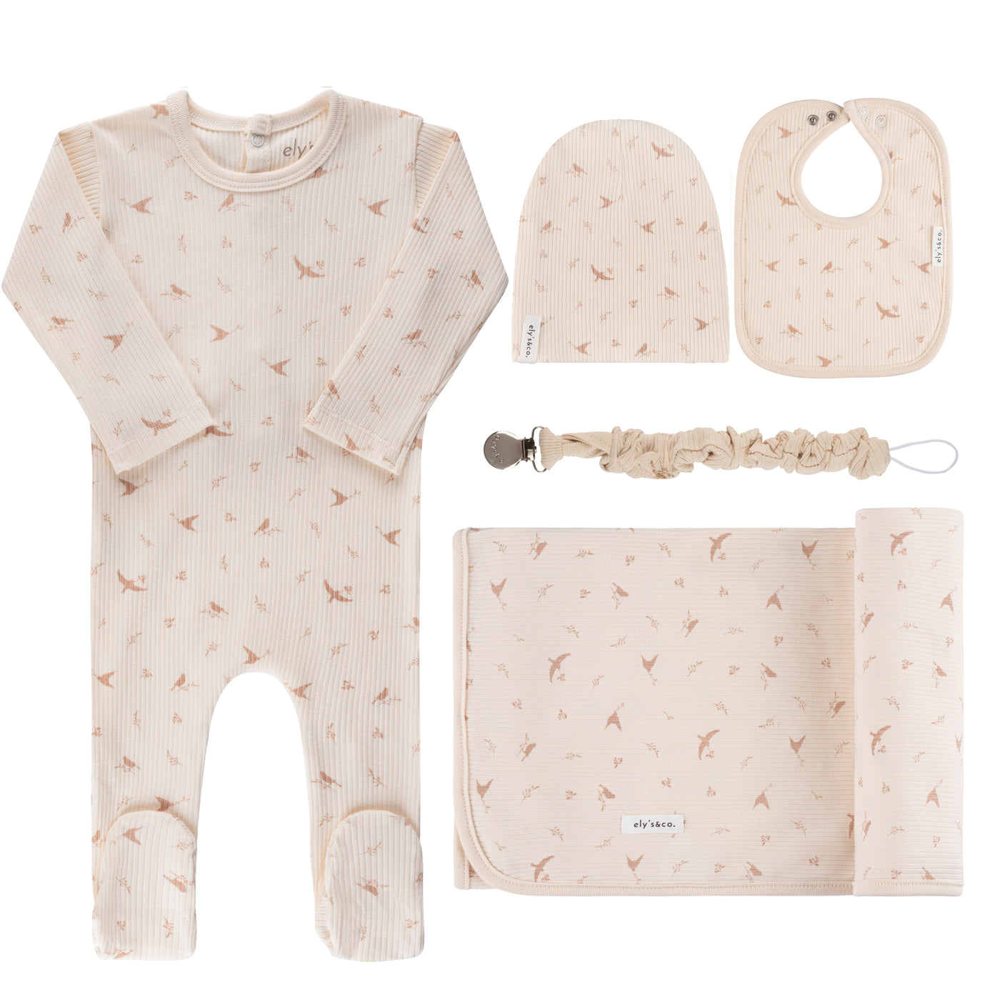 Ely's & Co. Birds Ribbed Cotton Cream/Pink Five Piece Set