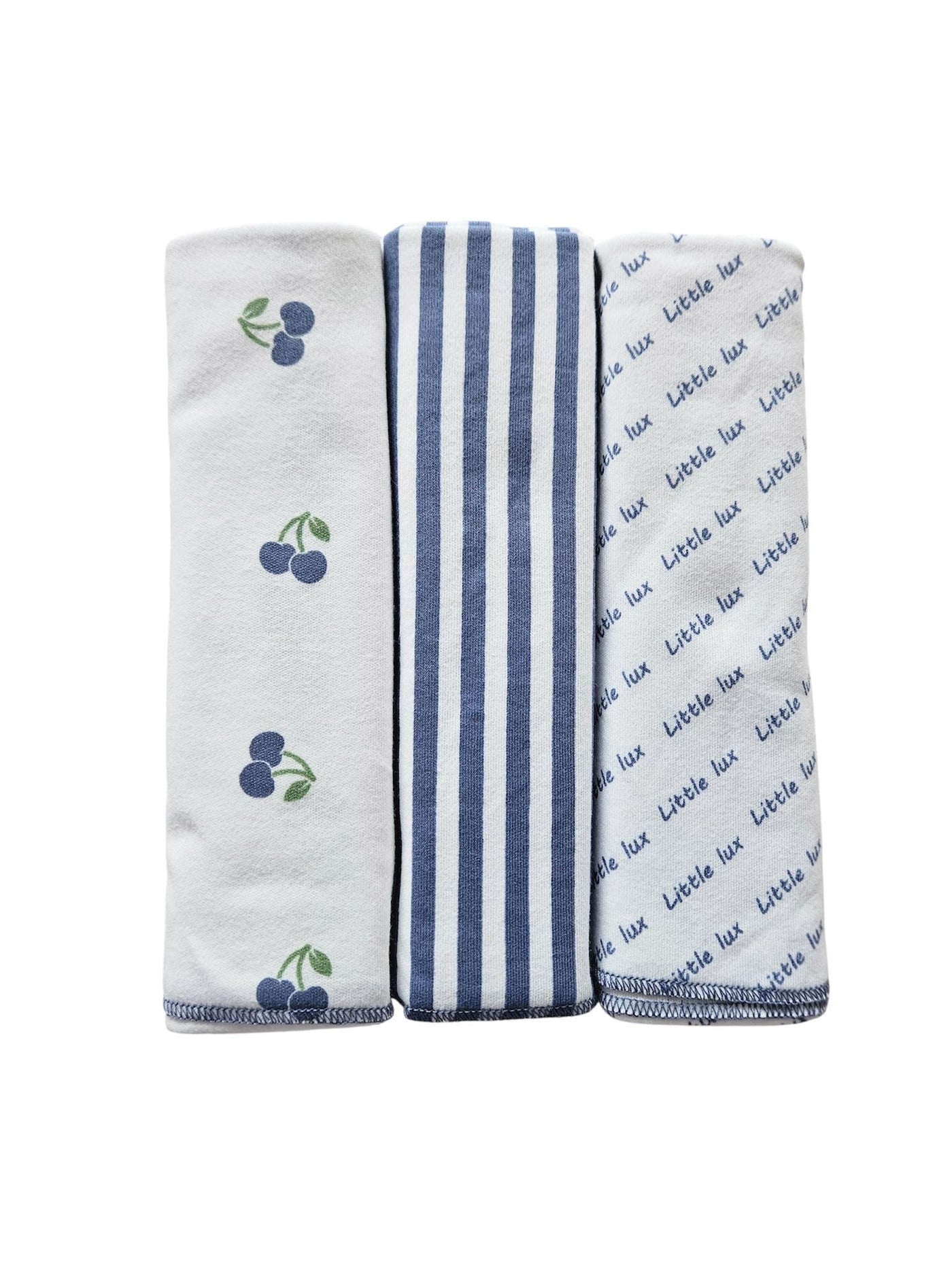 My Little Lux Three Pack Cherry Collection Blue/White Cotton Burp Cloths