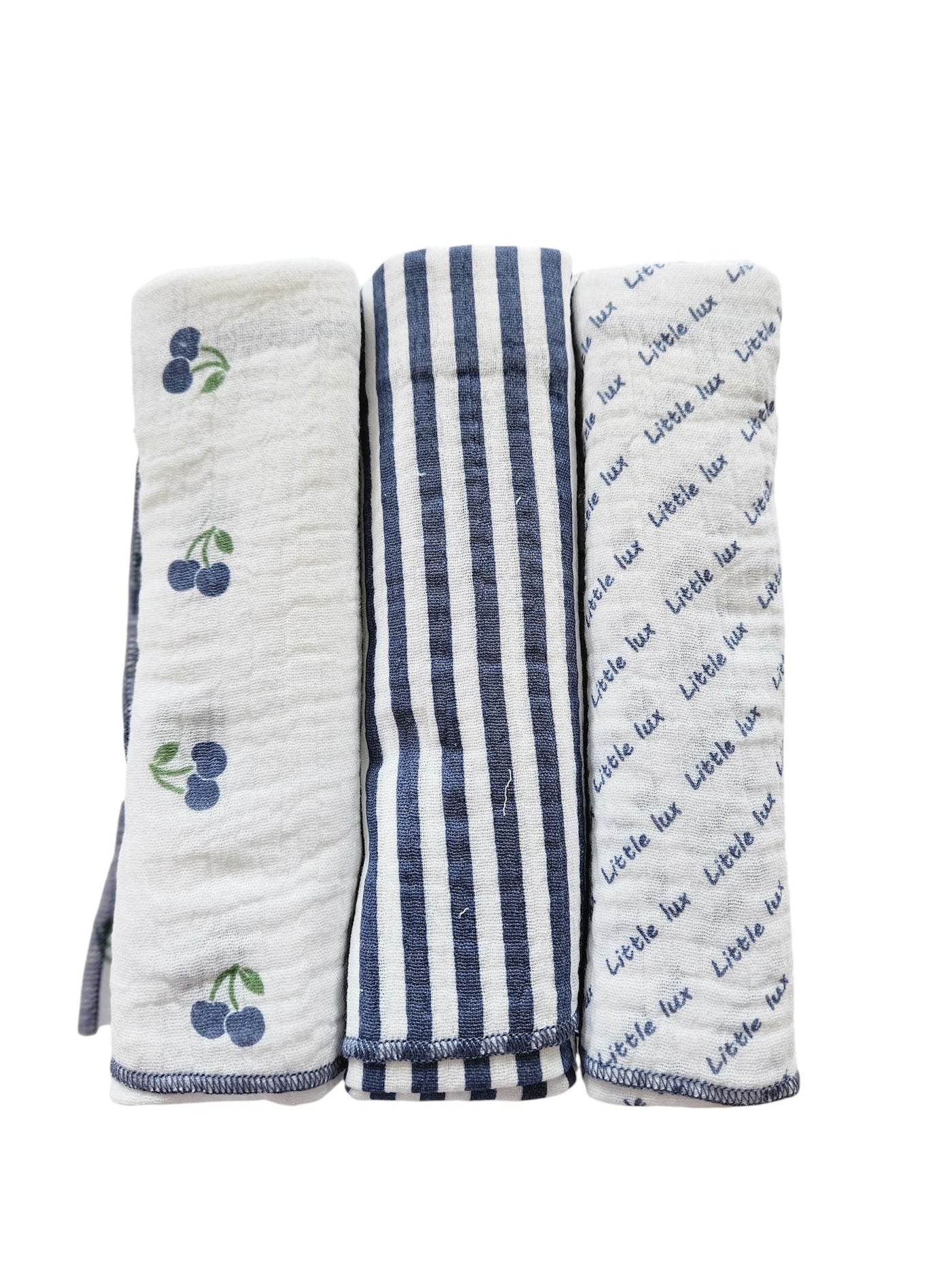My Little Lux Three Pack Cherry Collection Blue/White Muslin Burp Cloths