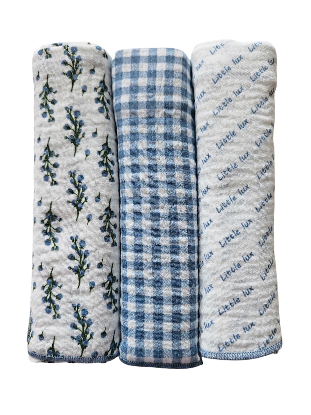 My Little Lux Three Pack Branch Collection Blue/White Muslin Burp Cloths