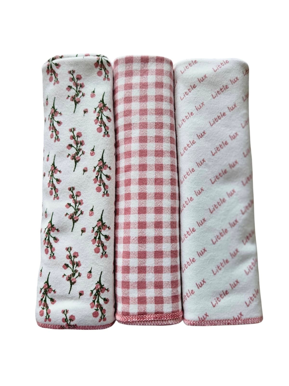 My Little Lux Three Pack Branch Collection Mauve/White Cotton Burp Cloths