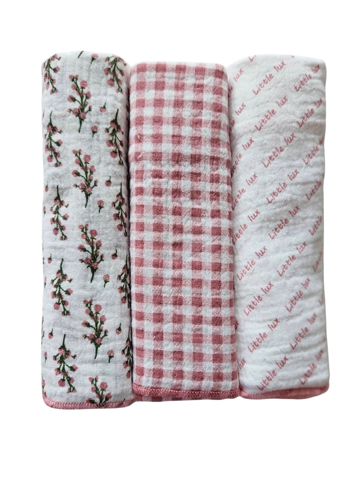 My Little Lux Three Pack Branch Collection Mauve/White Muslin Burp Cloths