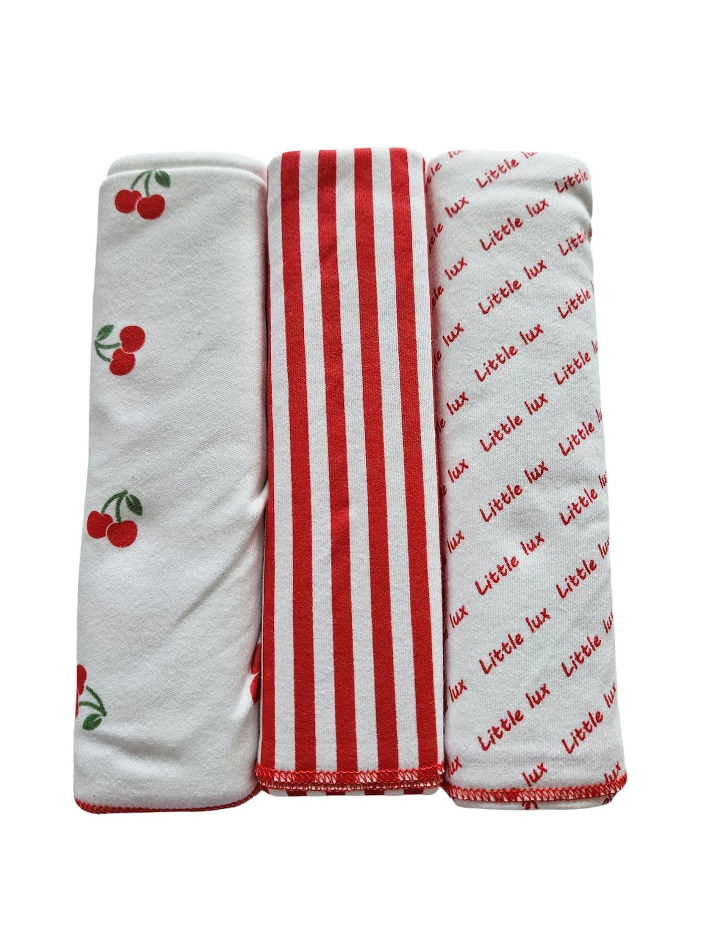 My Little Lux Three Pack Cherry Collection Red/White Cotton Burp Cloths