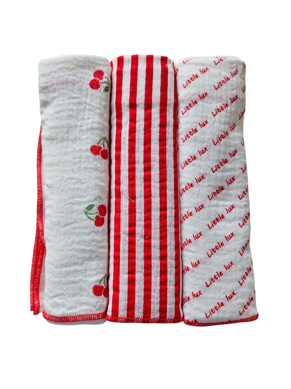 My Little Lux Three Pack Cherry Collection Red/White Muslin Burp Cloths