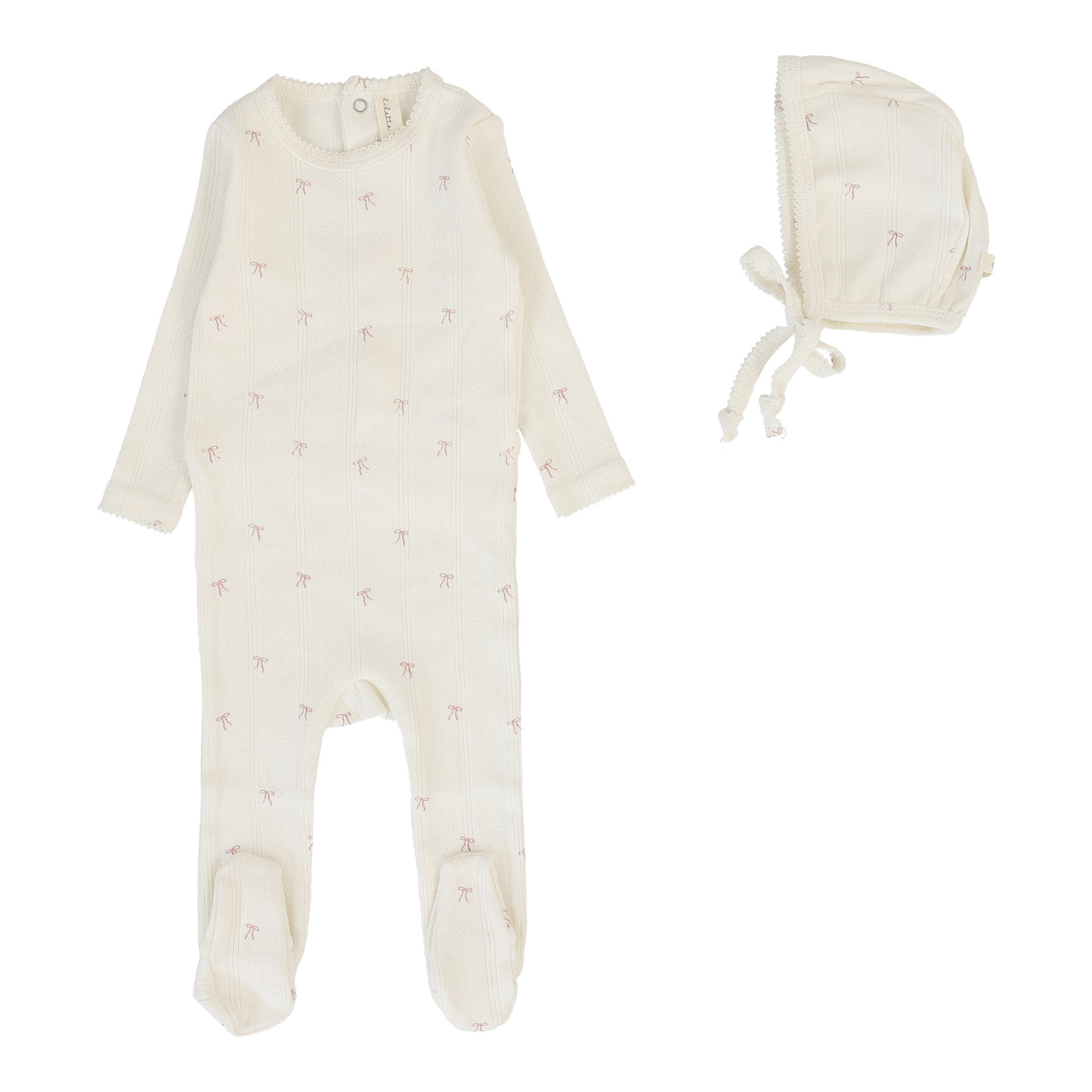 Lilette Printed Pointelle Bows Cream/Pink Cotton Footie with Bonnet