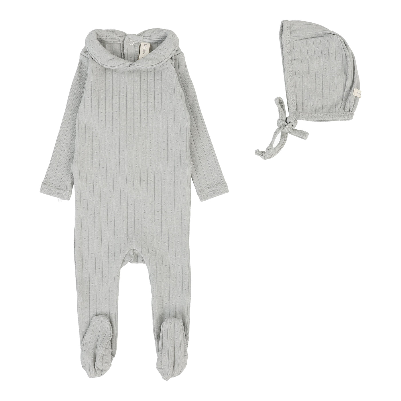 Lilette Fine Pointelle Collar Light Blue Peter Pan Cotton Footie with Bonnet