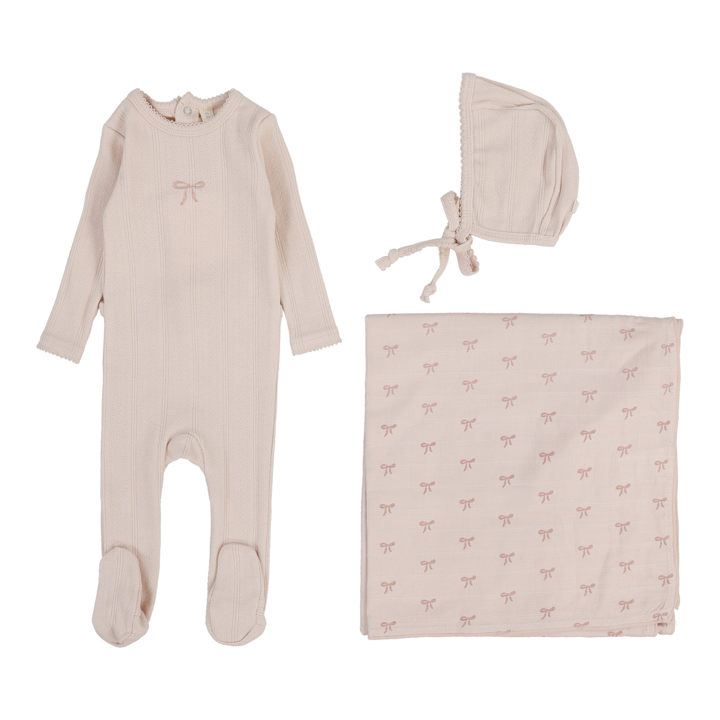 Lilette Pointelle Graphic Bow Soft Pink Cotton Three Piece Set