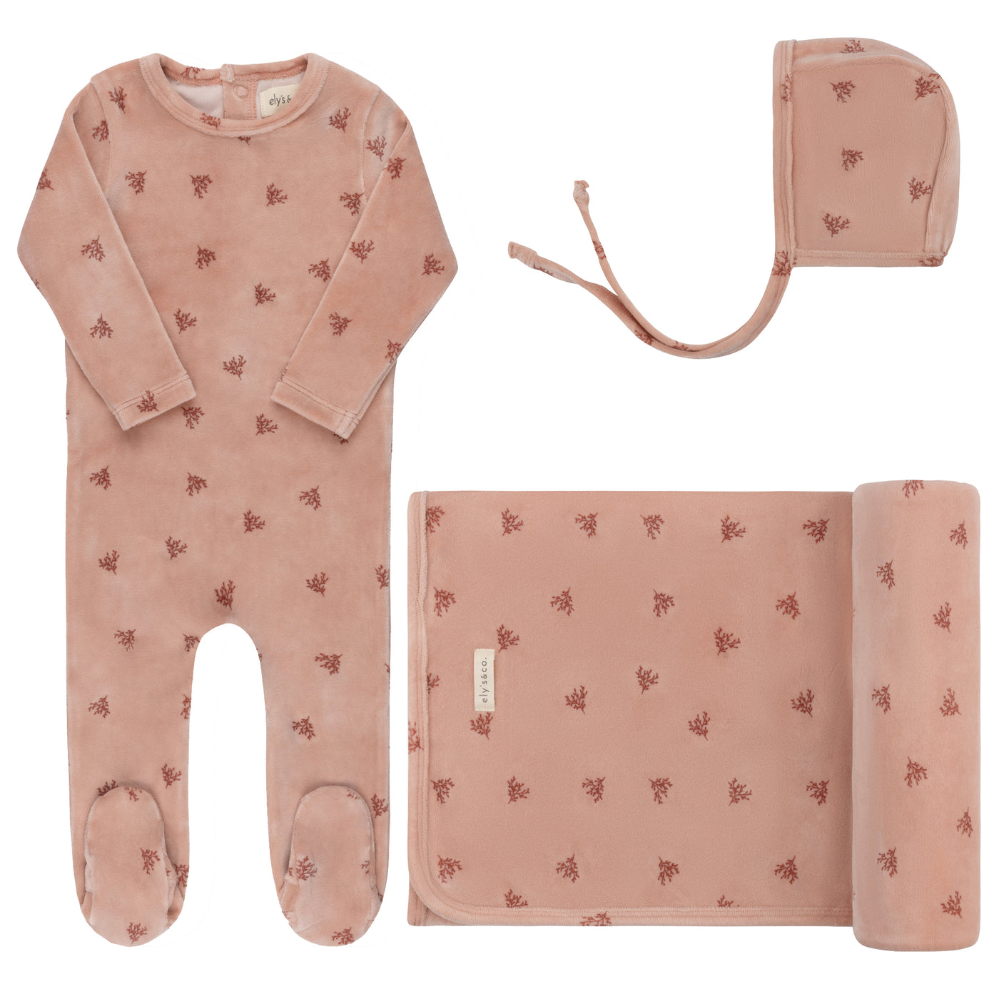 Ely's & Co. Velour Leaf Pattern Collection Pink Three Piece Set