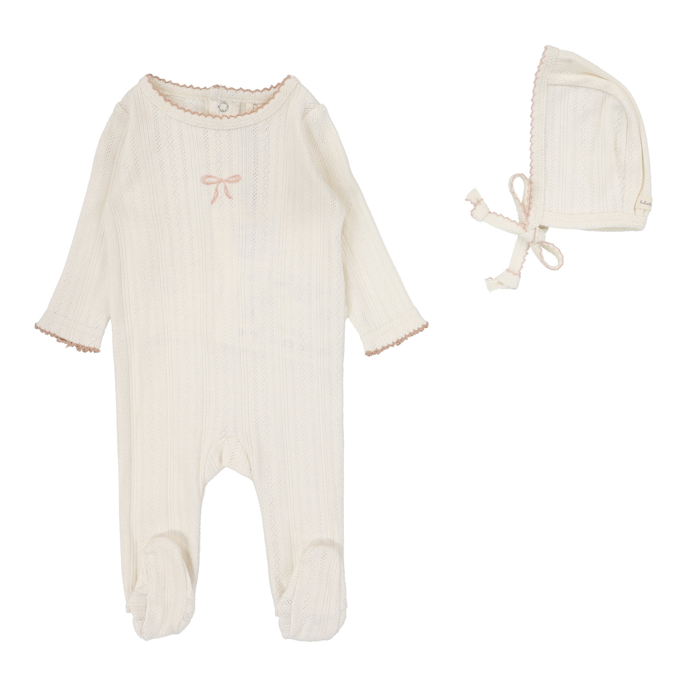 Lilette Pointelle Graphic Bow Cream/Pink Cotton Footie with Bonnet