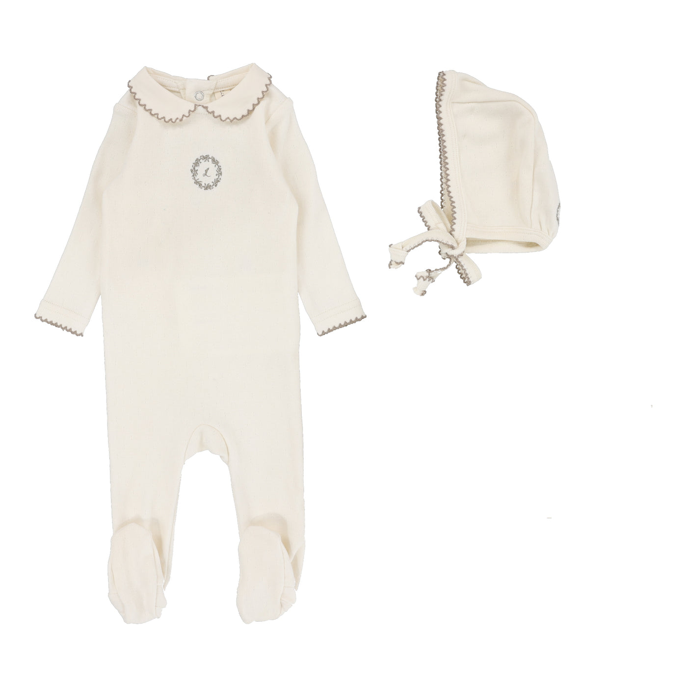 Lilette Emblem Embroidered Cream/Oat Cotton Footie with Bonnet