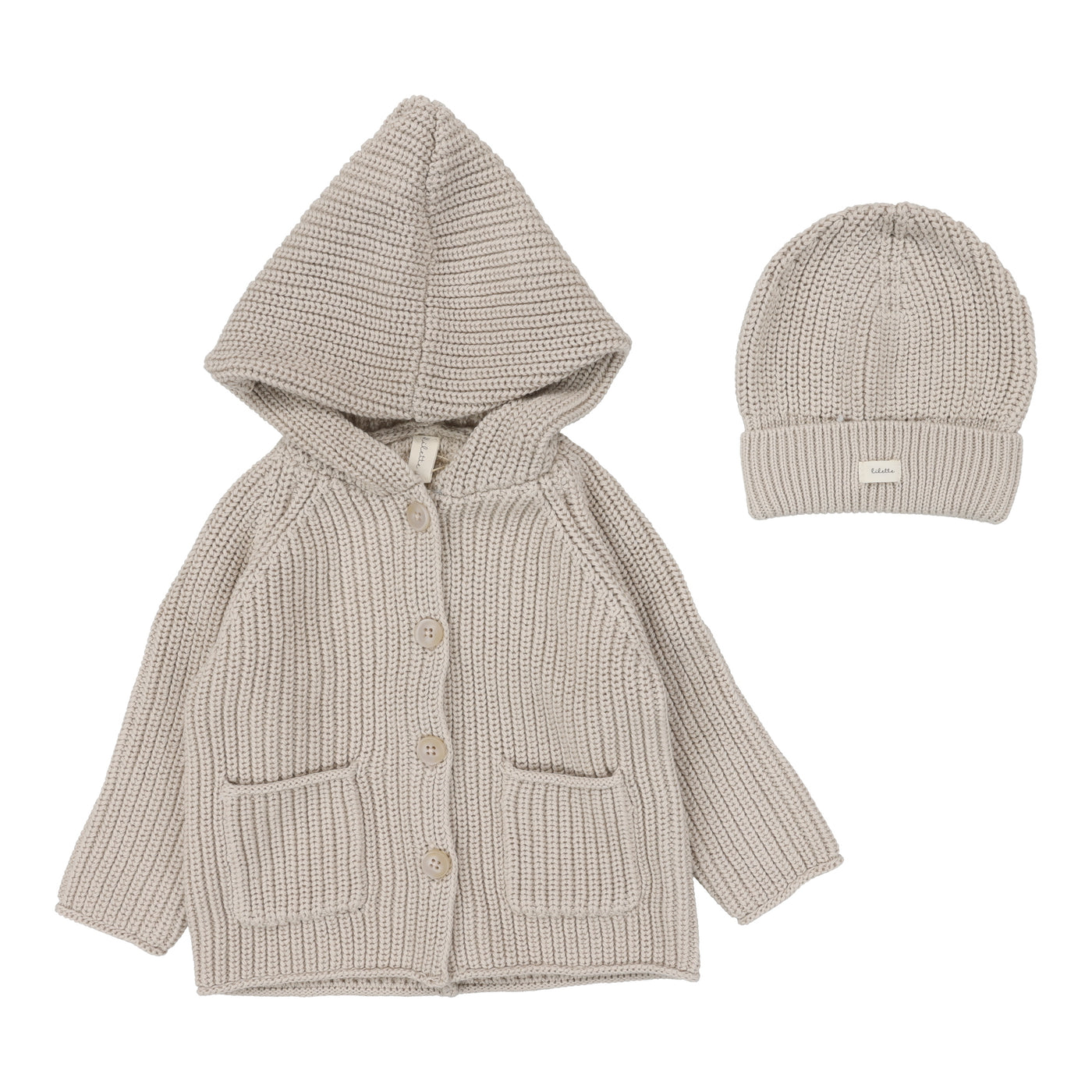 Lilette Chunky Natural Taupe Classic Knit Cardigan with Beanie