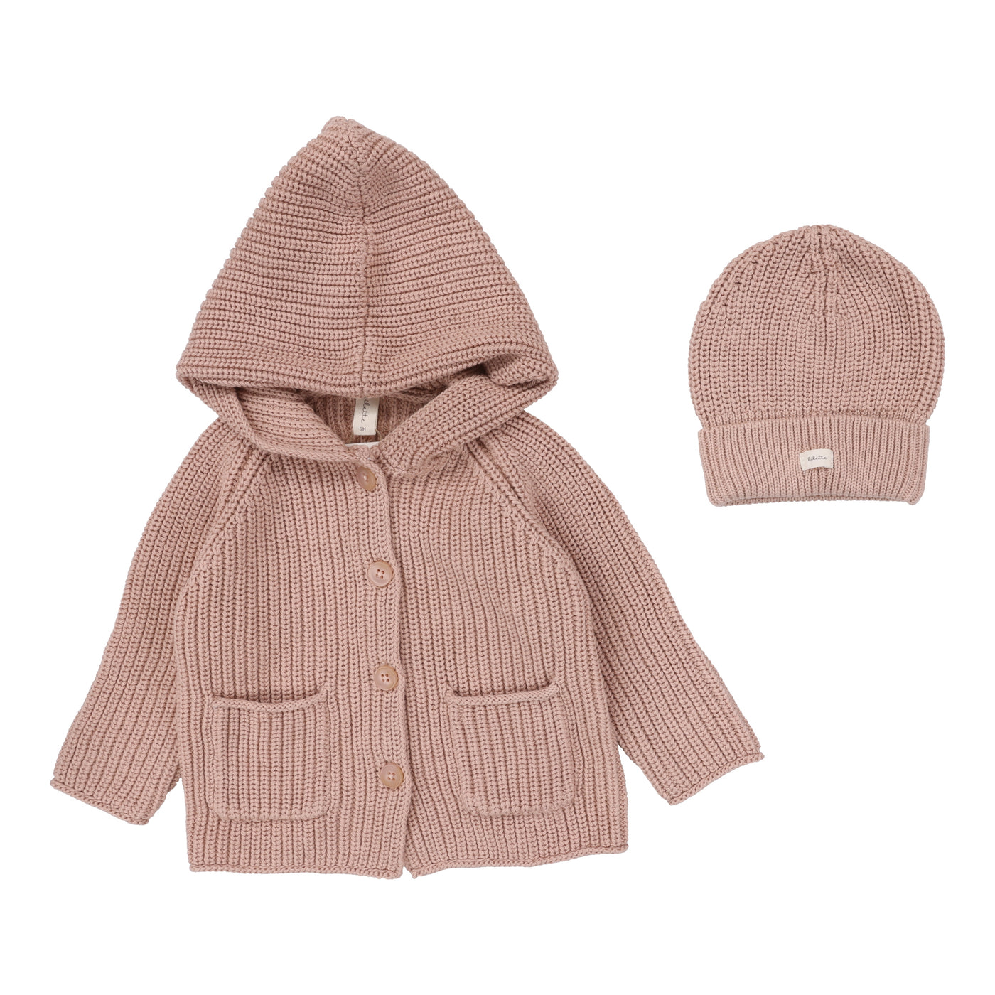 Lilette Chunky Dusty Pink Classic Knit Cardigan with Beanie