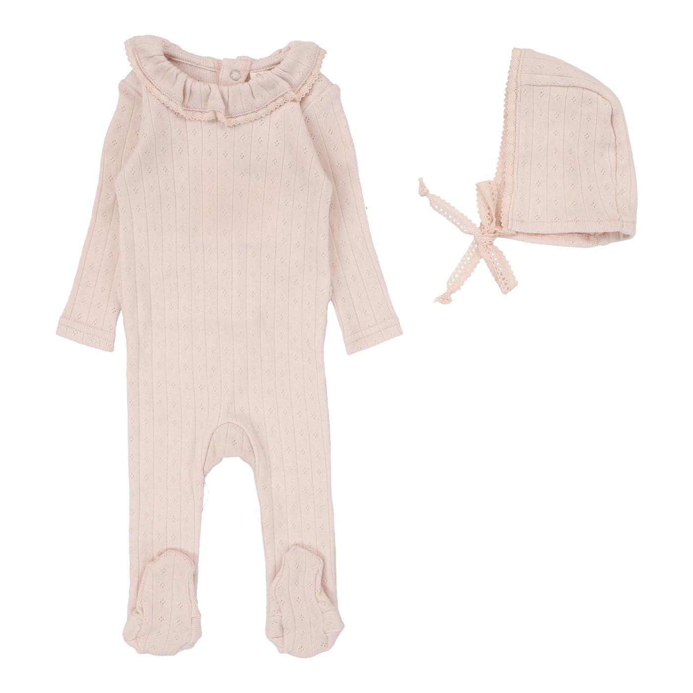 Lilette Fine Pointelle Ruffle Petal Cotton Footie with Bonnet