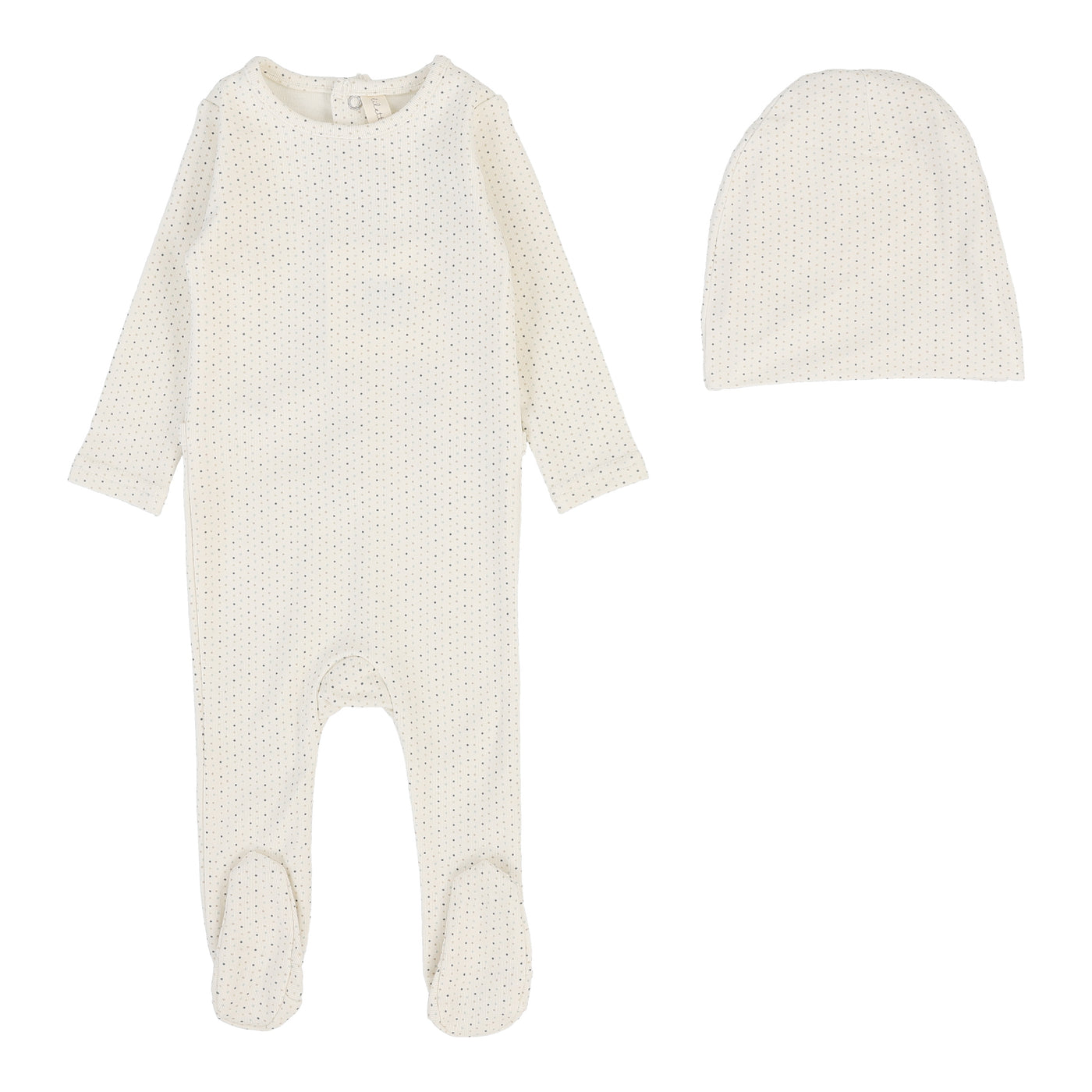 Lilette Dotted Cream/Blue Cotton Footie with Beanie