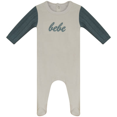 Bondoux Bebe “Bebe” Embroidery with Knit Sleeve Ivory/Blue Velour Footie with Beanie
