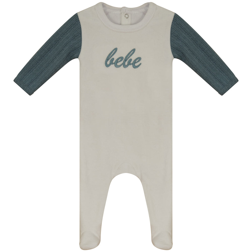 Bondoux Bebe “Bebe” Embroidery with Knit Sleeve Ivory/Blue Velour Footie