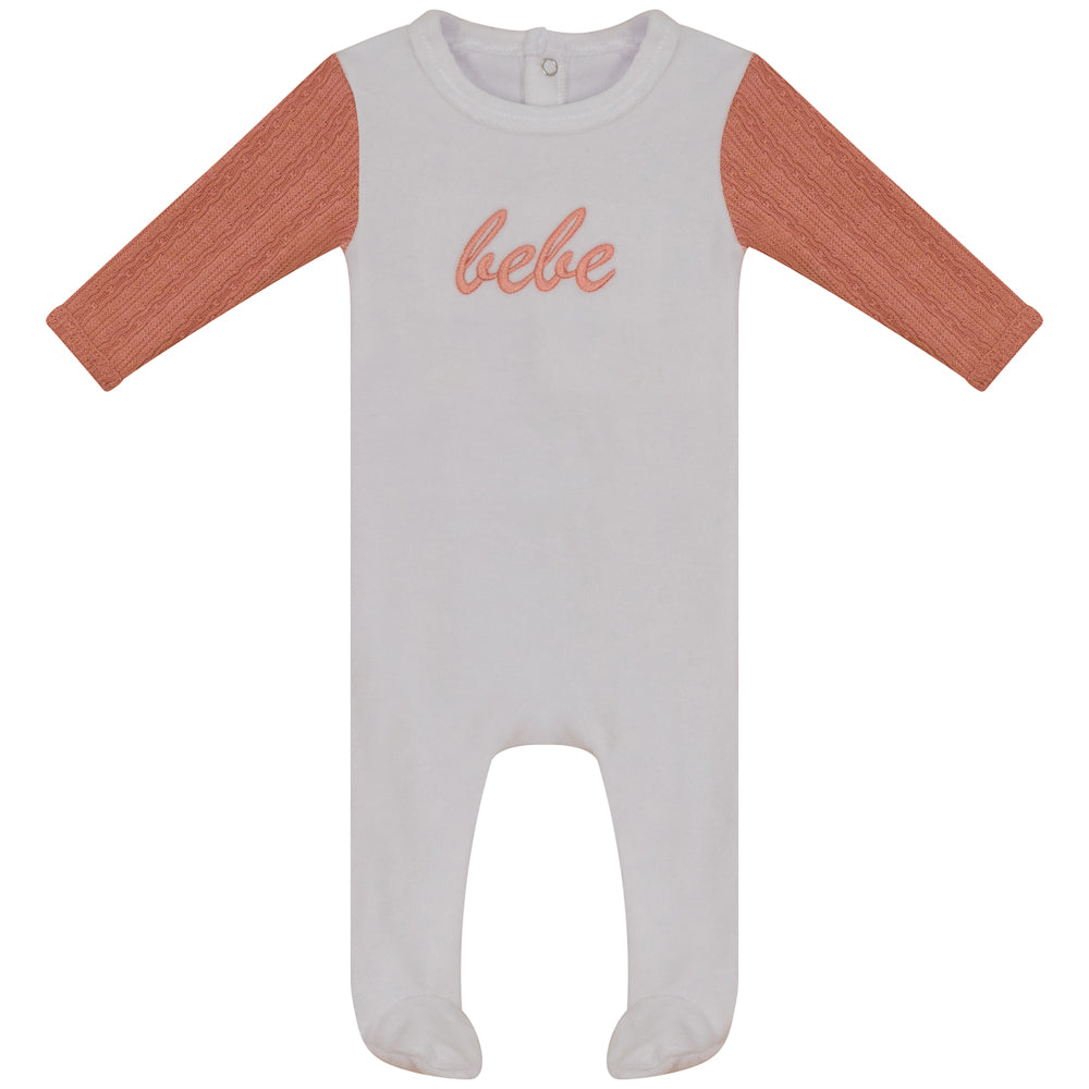 Bondoux Bebe “Bebe” Embroidery with Knit Sleeve Ivory/Coral Velour Footie with Beanie