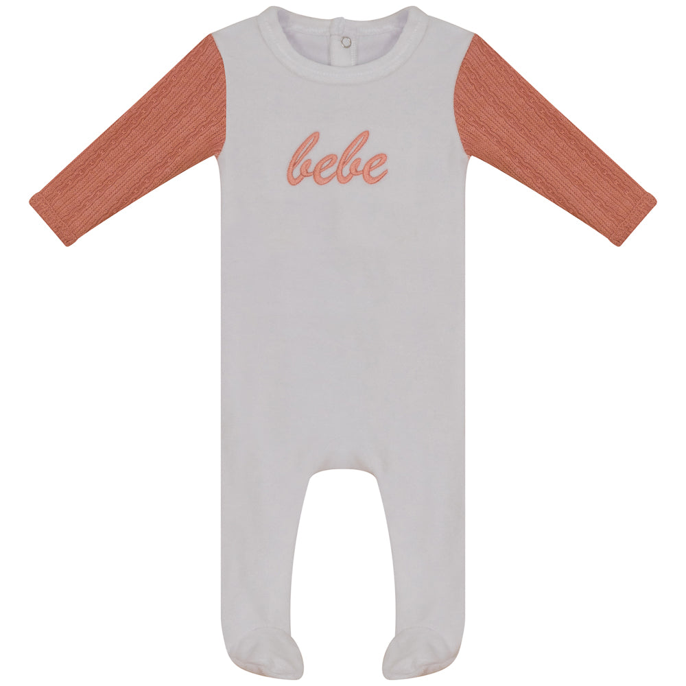 Bondoux Bebe “Bebe” Embroidery with Knit Sleeve Ivory/Coral Velour Footie