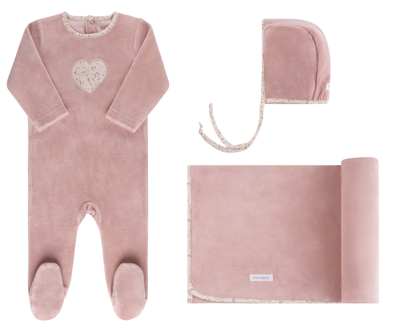 Ely's & Co. Floral Heart  Pink Velour Three Piece Set