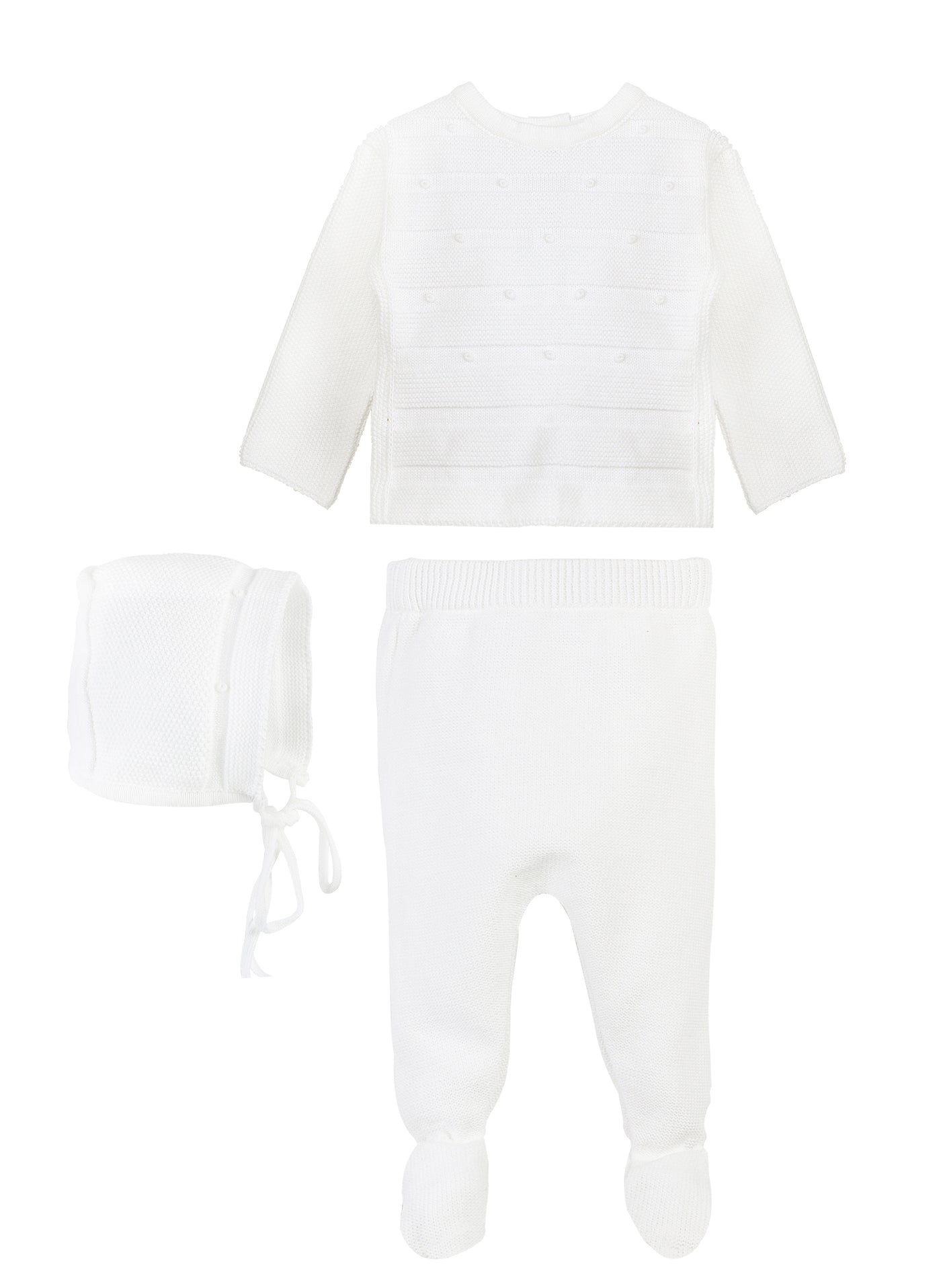 Piccino Piccina Bris Outfit Knit Ribbed White  (Top, Footed Pant, Bonnet)