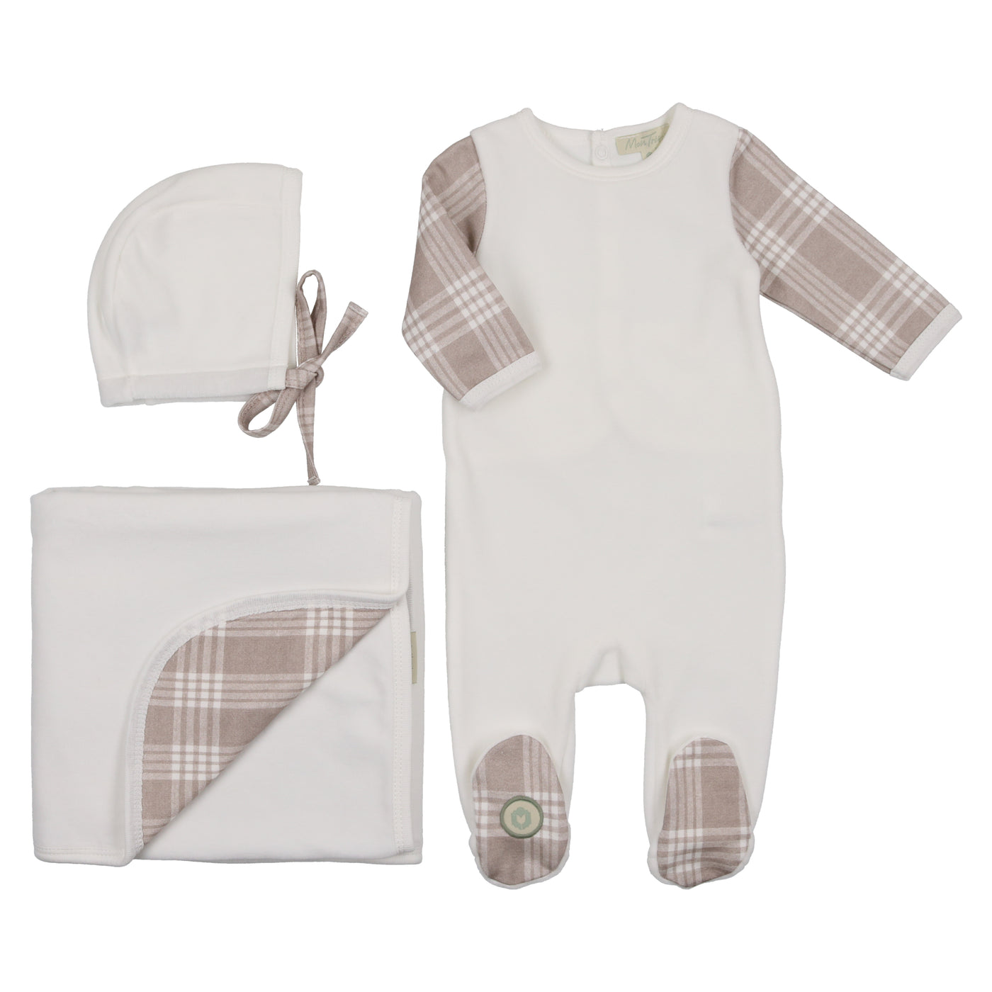 Mon Tresor Aren't You Plaid Ivory/Taupe Velour Three Piece Set