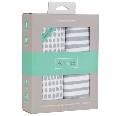 Ely's & Co. Waterproof Two Pack Bassinet Sheets - Stripes & Splash Collection Blue