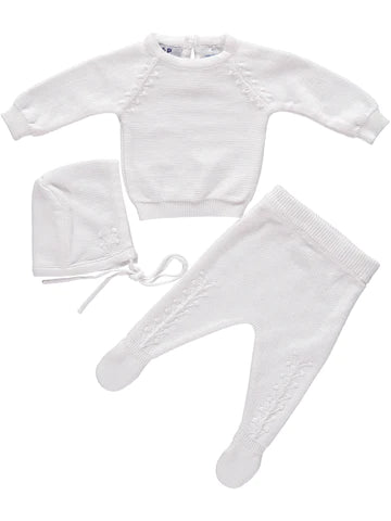 Piccino Piccina Bris Outfit Knit Embroidered Vines White  (Top, Footed Pant, Bonnet)