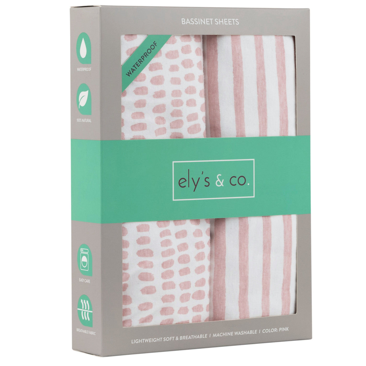 Ely's & Co. Waterproof Two Pack Bassinet Sheets - Stripes & Splash Collection Pink