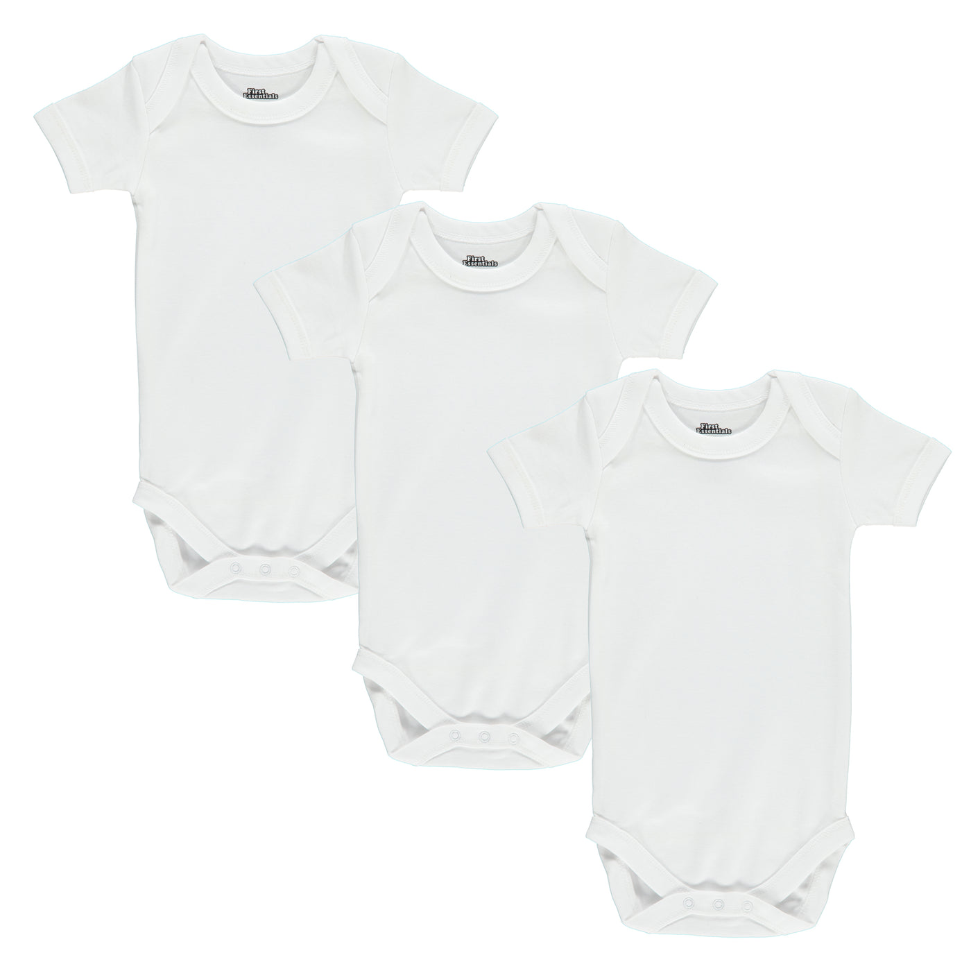 First Essentials Three-Pack Short Sleeve Snap Crotch White Undershirts