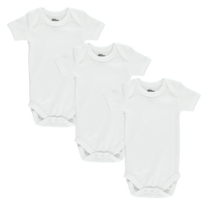 First Essentials Three-Pack Short Sleeve Snap Crotch White Undershirts